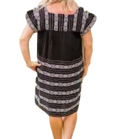 SISTER MARY embroidered tribal shift square neck dress ruffle cap sleeve NWT